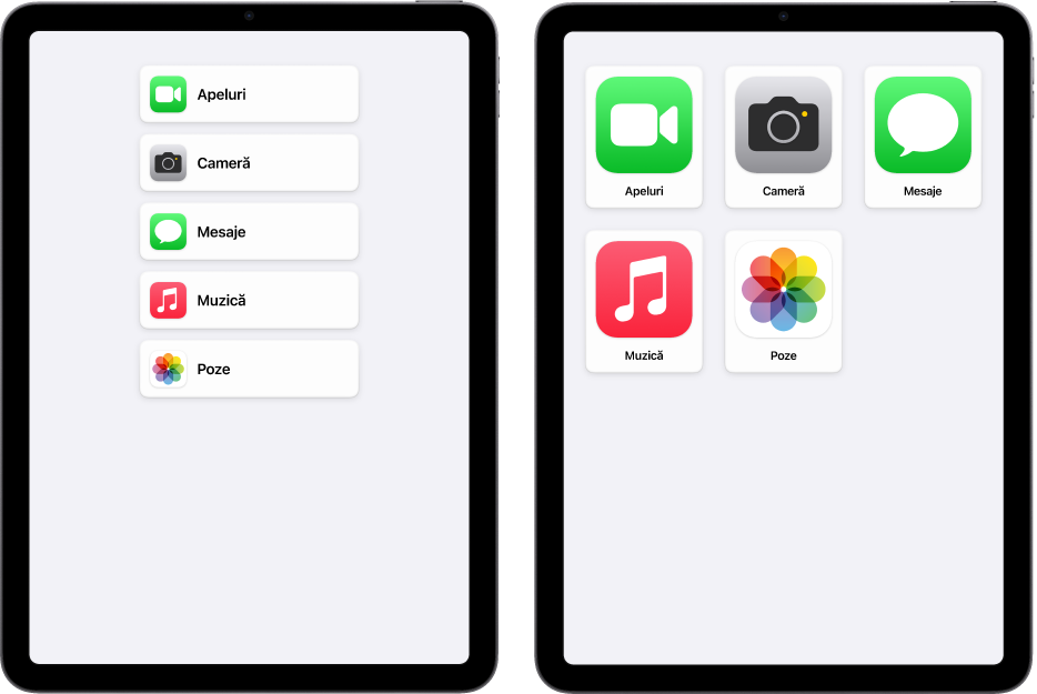 Două dispozitive iPad în modul Acces asistiv. Unul afișează ecranul principal cu aplicațiile listate în rând. Celălalt afișează aplicațiile mai mari aranjate într-o grilă.