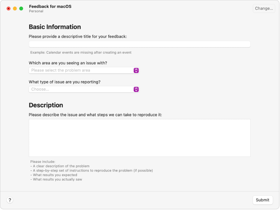 A feedback form showing the basic information and description fields.