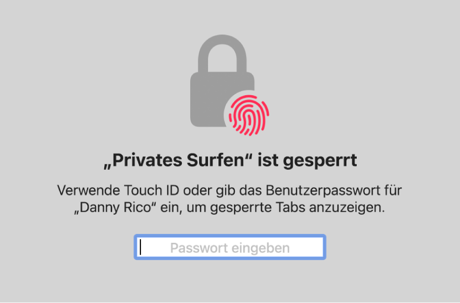 Ein Fenster, das zum Entsperren von Fenstern im Modus „Privates Surfen“ die Touch ID anfordert.