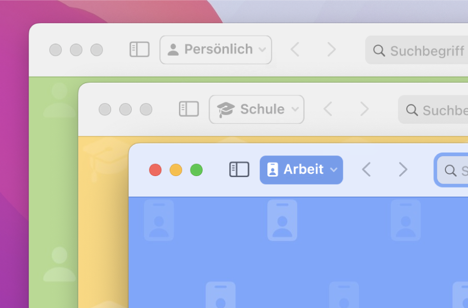 Drei Fenster mit Safari-Profilen: eines für die persönliche Verwendung, eines für die Schule und eines für die Arbeit.