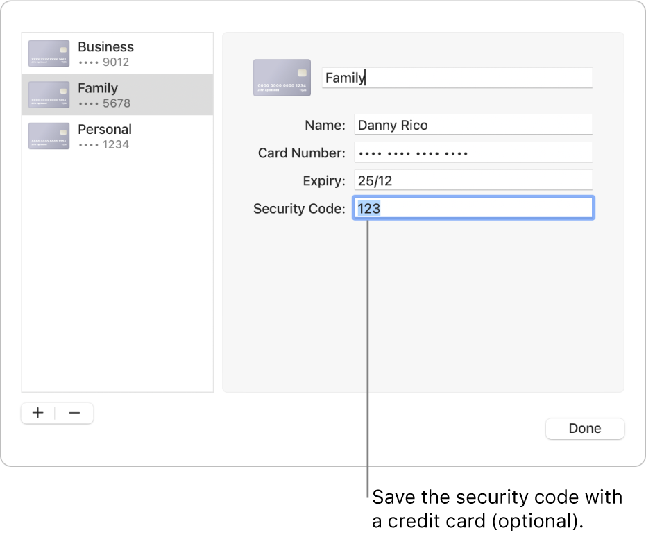 A credit card form with fields for entering the name, card number, expiry date and security code.