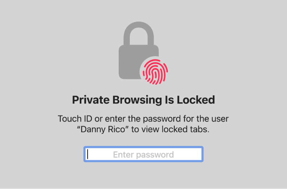 A window asking for Touch ID or your password to unlock Private Browsing windows.