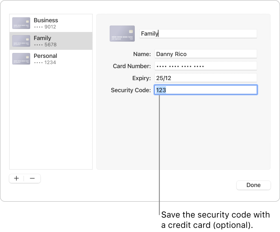 A credit card form with fields for entering the name, card number, expiry date and security code.