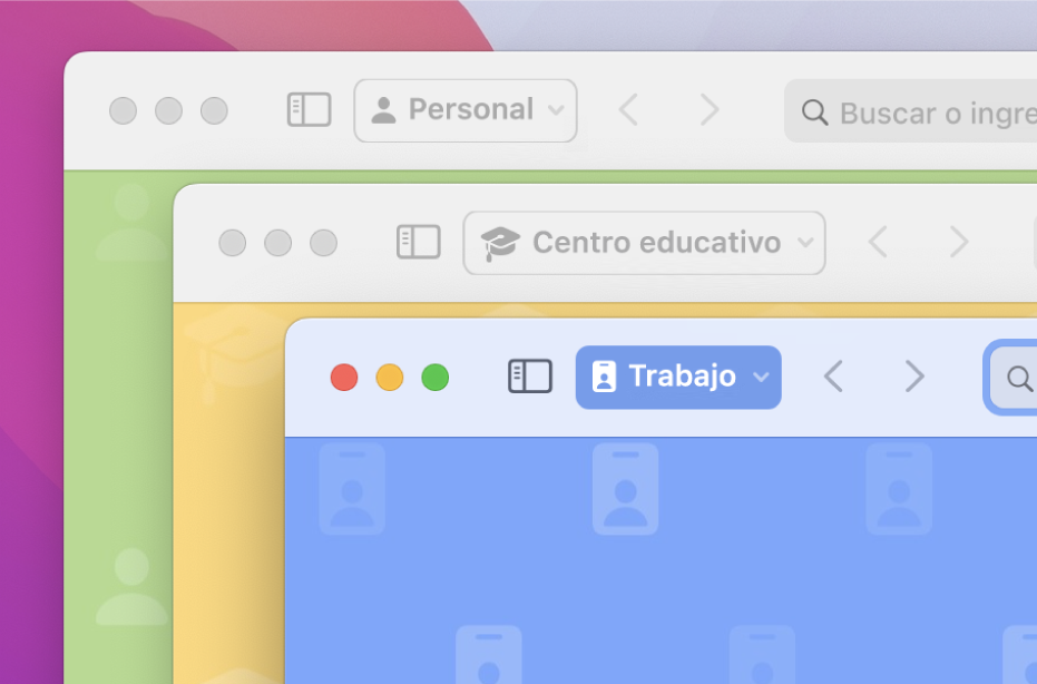 Tres ventanas de perfil de Safari: una para uso personal, una para la escuela y una para el trabajo.