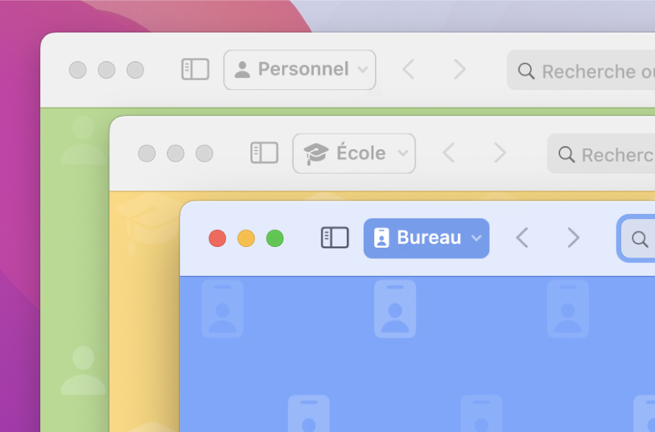 Trois fenêtres de profil Safari : une pour une utilisation personnelle, une pour les études et une pour le travail.