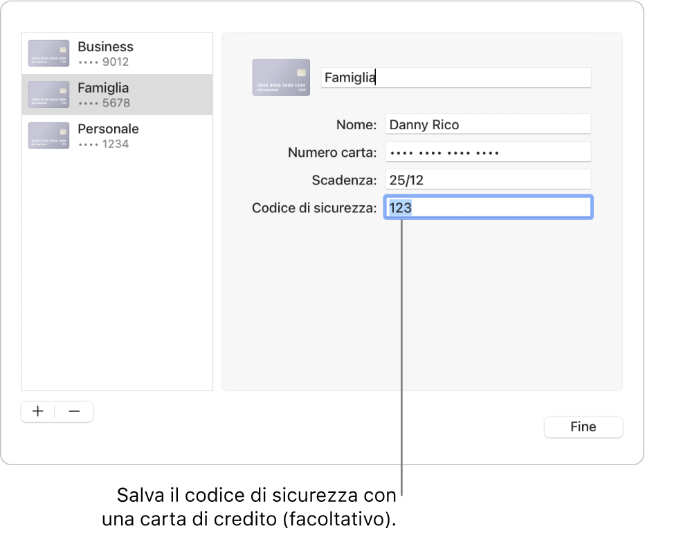 Un modulo con le informazioni della carta di credito con i campi per l’inserimento di nome, numero della carta, data di scadenza e codice di sicurezza.