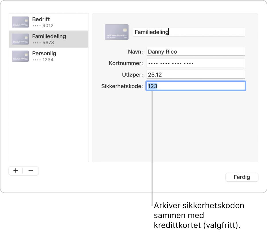 Et kredittkortskjema med felter for navn, kortnummer, utløpsdato og sikkerhetskode.