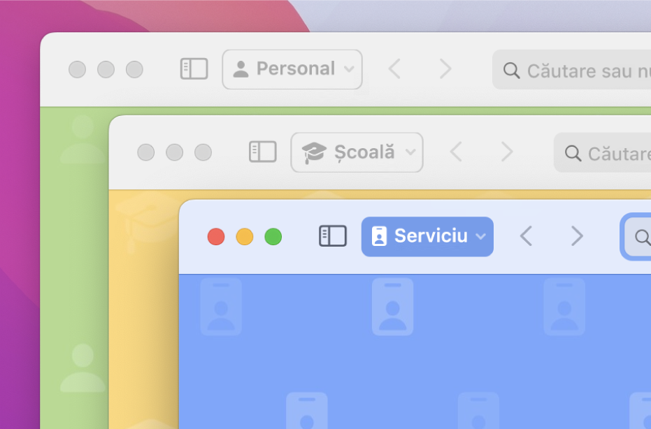 Trei ferestre de profil Safari: una pentru uz personal, una pentru școală și una pentru serviciu.