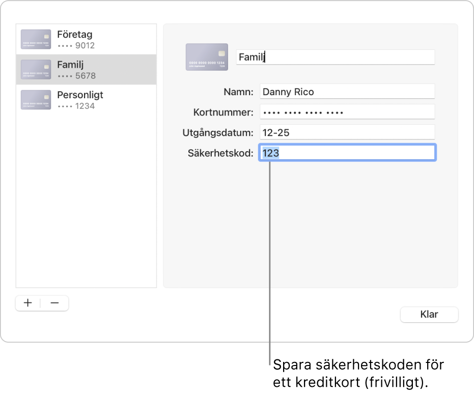 Ett kreditkortsformulär med fält för att ange namn, kortnummer, sista giltighetsdatum och säkerhetskod.