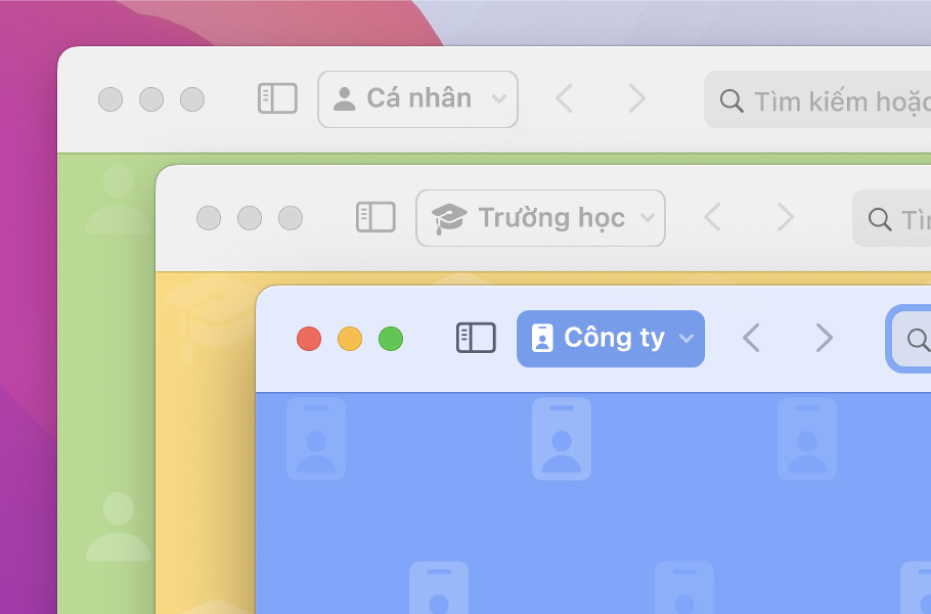 Ba cửa sổ hồ sơ Safari: một cho mục đích sử dụng cá nhân, một cho trường học và một cho công việc.