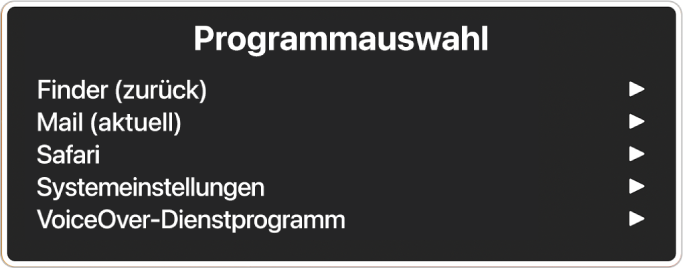 Die Programmauswahl listet fünf geöffnete Apps auf, darunter der Finder und die Systemeinstellungen. Rechts neben jedem Objekt in der Liste befindet sich ein Pfeil.