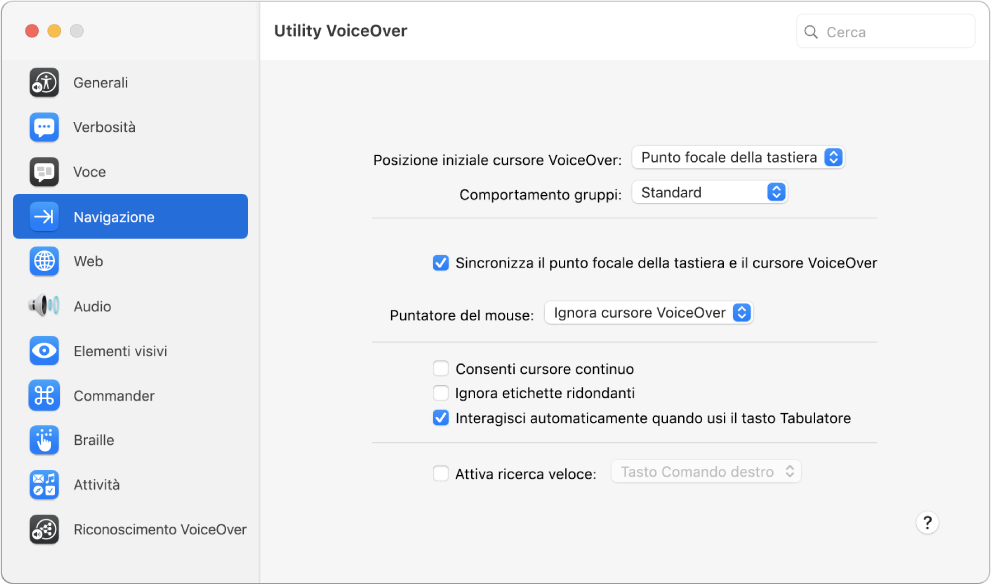 La finestra di Utility VoiceOver che mostra la categoria Navigazione selezionata nella barra laterale a sinistra e le rispettive opzioni a destra. Nell’angolo in basso a destra della finestra è presente un pulsante Aiuto per visualizzare l’Aiuto online di VoiceOver che spiega queste opzioni.