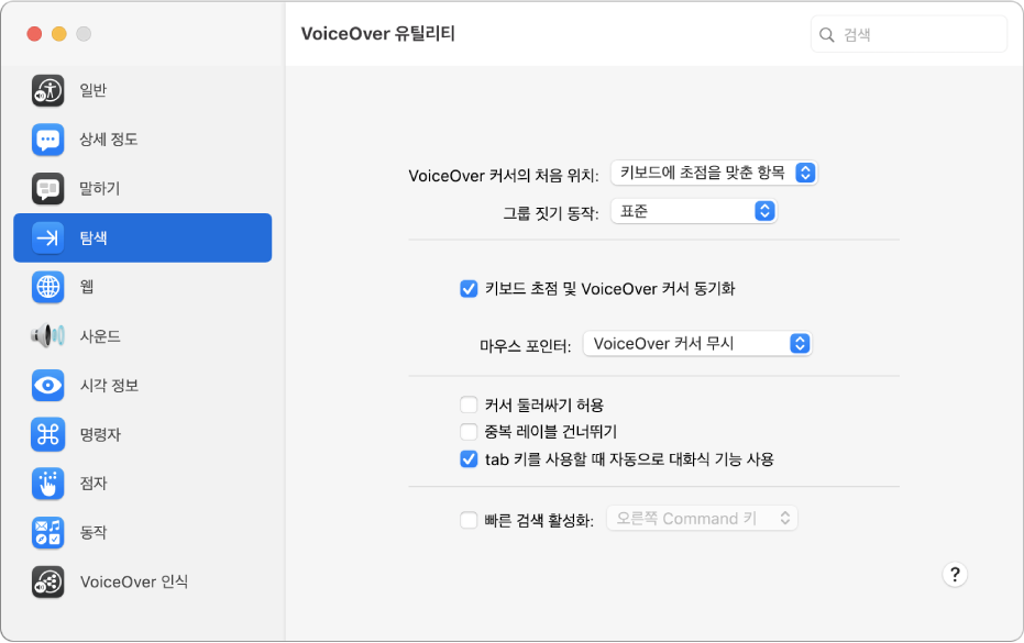 왼쪽 사이드바에 탐색 카테고리가 선택되어 있고 오른쪽에 옵션이 있는 VoiceOver 유틸리티 윈도우. 윈도우의 오른쪽 하단에는 해당 옵션을 설명하는 VoiceOver 온라인 도움말을 표시하는 도움말 버튼이 있습니다.