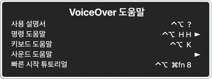 VoiceOver 도움말 메뉴는 상단에서 하단으로 나열되어 있음. 사용 설명서, 명령 도움말, 키보드 도움말, 사운드 도움말 및 빠른 시작 튜토리얼 항목이 있음. 각 항목의 오른쪽에는 항목을 표시하는 VoiceOver 명령 또는 하위 메뉴에 접근하기 위한 화살표가 있음.