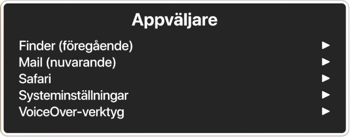 Appväljaren med fem öppna appar, bland annat Finder och Systeminställningar. Till höger om varje objekt i listan finns en pil.