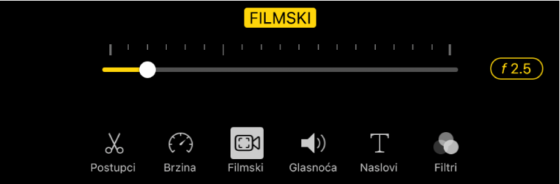 Kliznik Dubina polja dostupan kada dodirnete tipku Filmski.