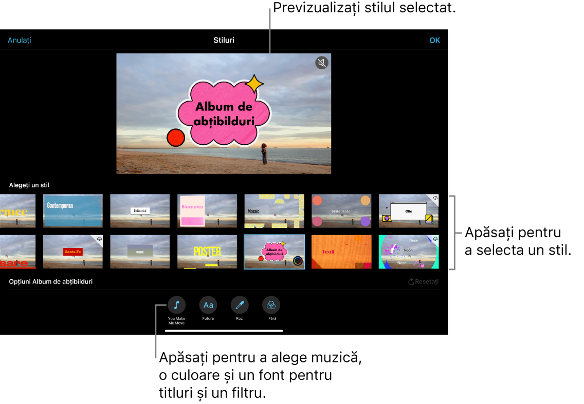 Vizualizatorul afișând o previzualizare a stilului selectat, cu opțiunile pentru stil mai jos. Butoanele pentru adăugarea muzicii, selectarea unei culori și a unui font pentru titluri și adăugarea unui filtru se află în partea de jos a ecranului.