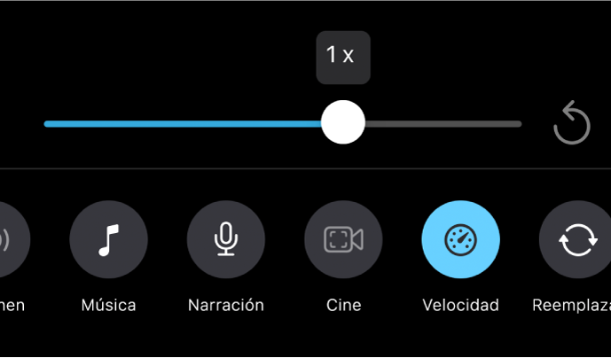 El regulador Velocidad está ajustado a la velocidad 1x con el botón Restablecer a la derecha y el botón Velocidad en la parte inferior.