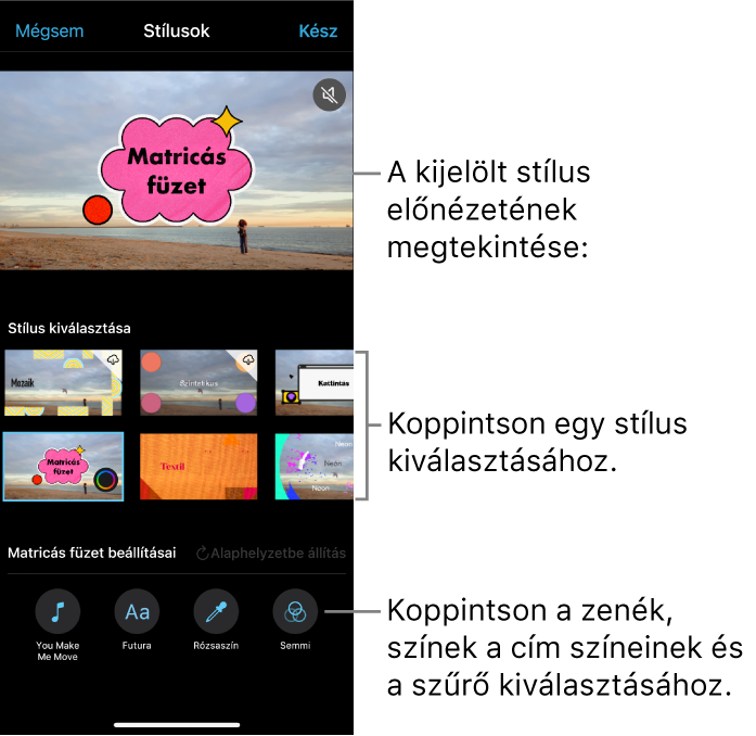 A megtekintőben a kijelölt stílus előnézete, míg alatta a stílusbeállítások láthatók. A képernyő alján a zenék hozzáadására, a címek színének és betűtípusának kiválasztására és szűrők hozzáadására szolgáló gombok láthatók.