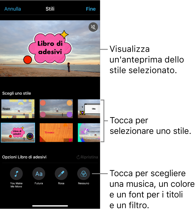Il visore mostrante un'anteprima di uno stile selezionato con diverse opzioni di stile di seguito. I pulsanti per aggiungere musica, il font da usare per i titoli e per applicare un filtro sono visibili in basso.