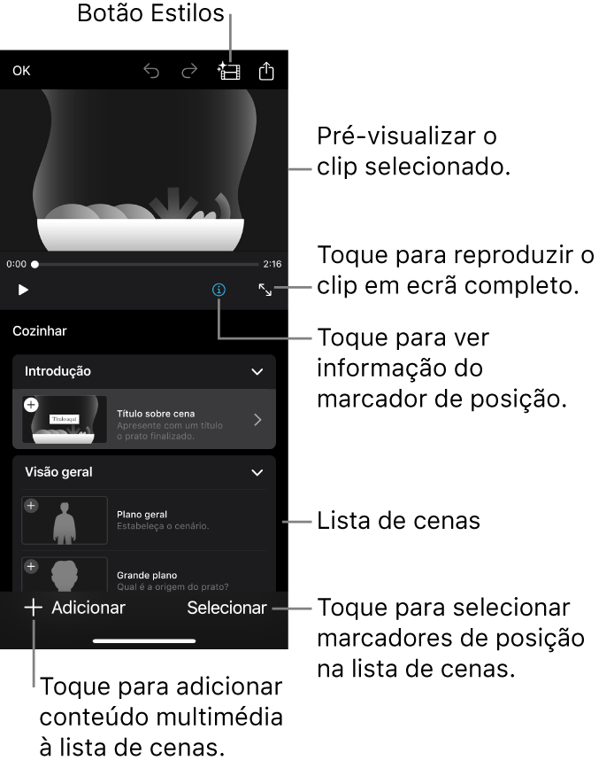 Um projeto de storyboard aberto, com o clip marcador de posição selecionado a aparecer no visualizador e na lista de planos por baixo.