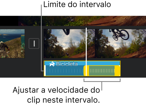 Um intervalo de velocidade com puxadores amarelos de intervalo num clip de áudio no cronograma, com linhas brancas no clip a indicarem os contornos do intervalo.