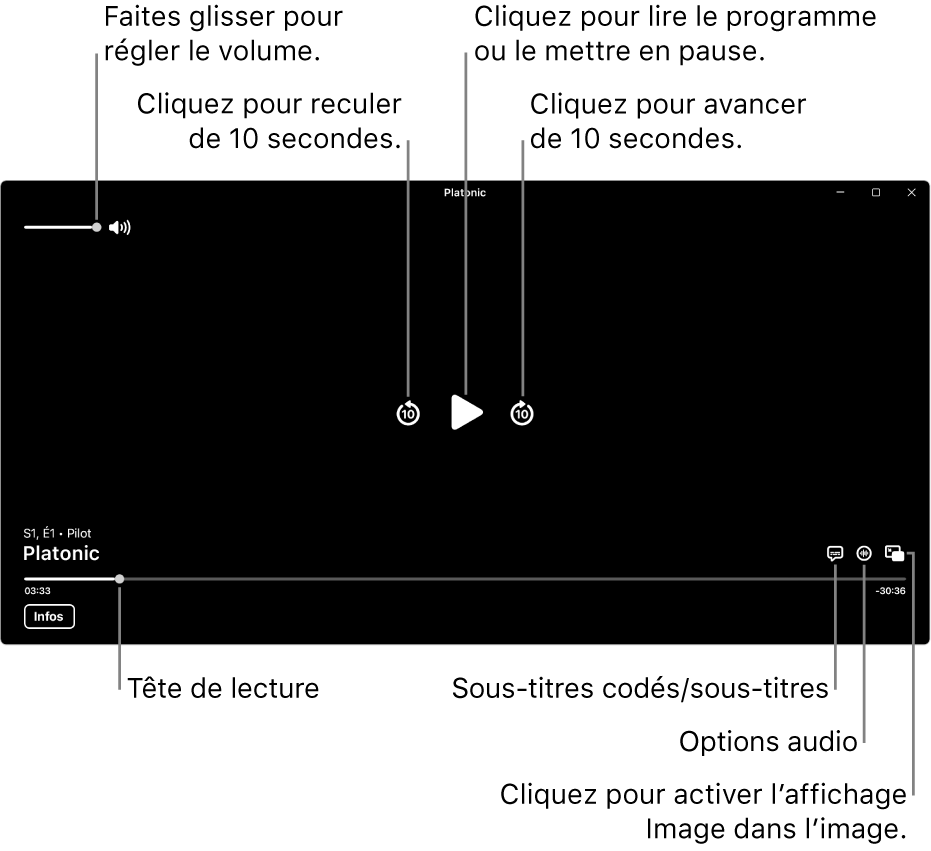 Commandes de lecture dans le visualiseur, notamment les boutons de lecture ou de pause, pour avancer ou reculer, et pour ajuster le volume