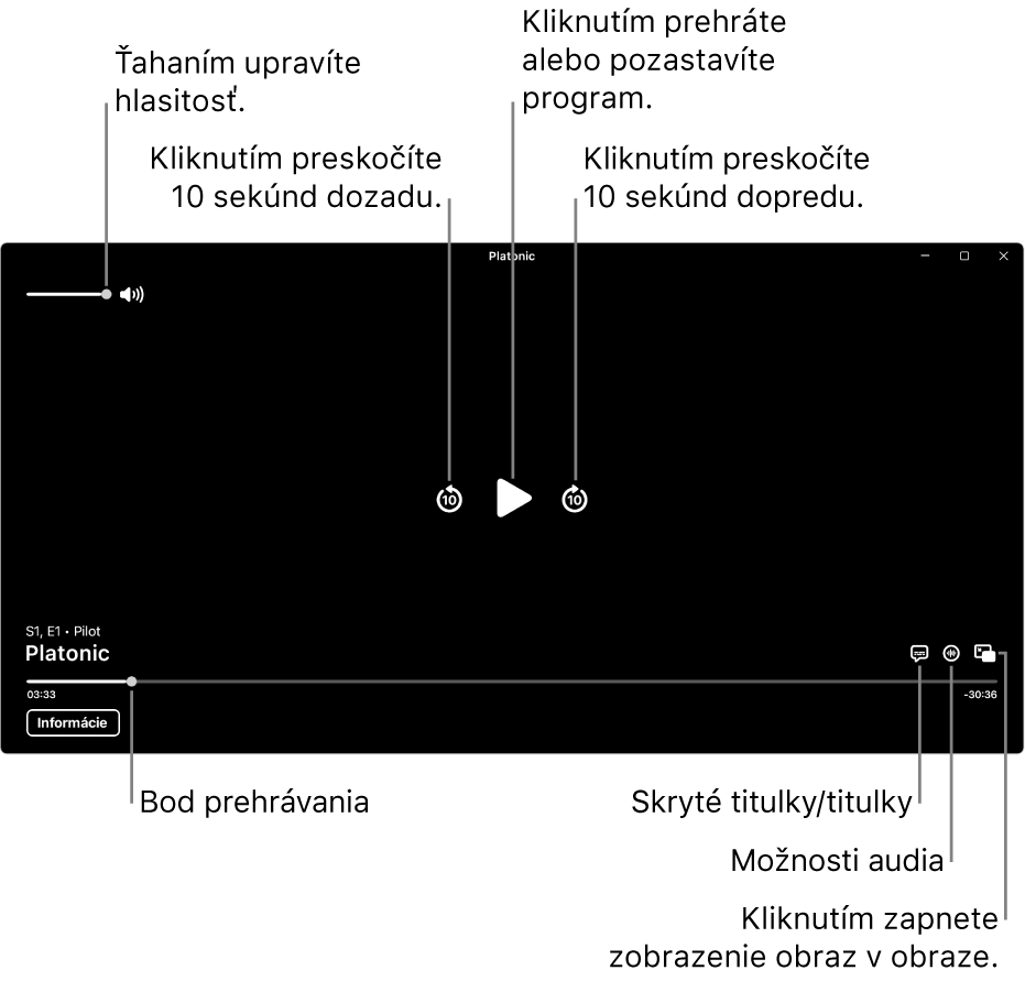 Ovládacie prvky prehrávania v prehliadači vrátane tlačidiel na prehrávanie alebo pozastavenie, preskočenie dopredu alebo dozadu a na úpravu hlasitosti