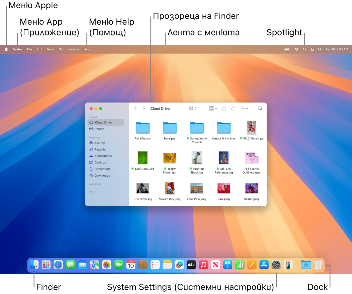 Екран на Mac, който показва меню Apple, менюто за приложения, менюто Help (Помощ), прозорец на Finder, лентата с менюта, иконката на Spotlight, иконката на Finder, иконката на Системни настройки и лентата Dock.