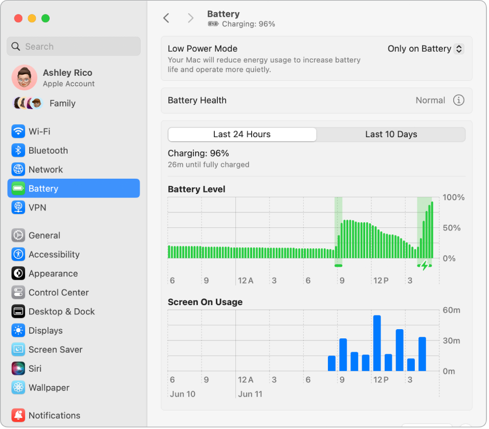 Прозорец Battery Settings (Настройки на батерия), който показва Energy Usage (Използване на енергия) през последните 10 дни. Прозорецът също показва нормално състояние на Battery Health (Състояние на батерията) и има опция за включване на Low Power Mode (Режим Пестене на енергия).