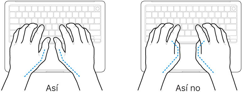 Manos colocadas sobre un teclado que muestran una posición correcta e incorrecta de los pulgares.