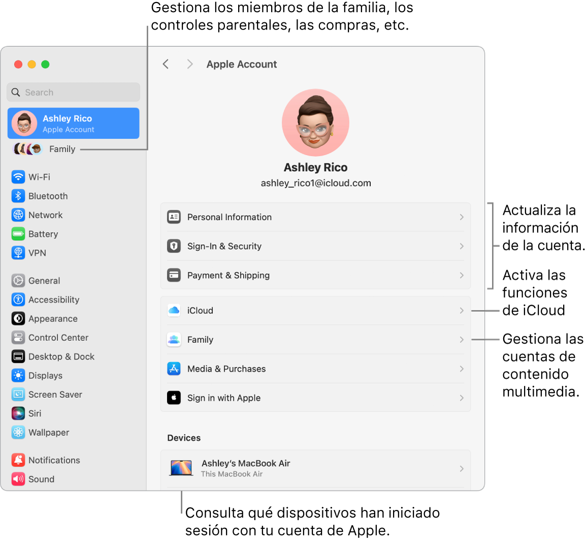 Los ajustes “Cuenta de Apple” en Ajustes del Sistema con indicaciones para actualizar la información de la cuenta, activar o desactivar las funciones de iCloud, gestionar las cuentas de redes sociales y Familia, donde puedes gestionar los miembros de la familia, el control parental, las compras y mucho más.