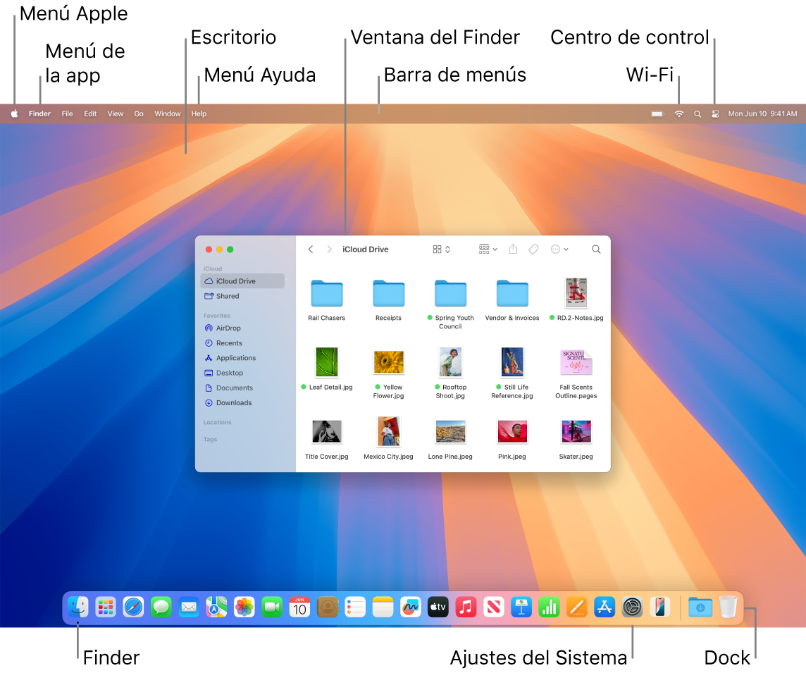 Una pantalla del Mac en la que se muestra el menú Apple, el menú de la app, el escritorio, el menú Ayuda, una ventana del Finder, la barra de menús, el icono de Wi-Fi, el icono del centro de control, el icono del Finder, el icono de Ajustes del Sistema y el Dock.