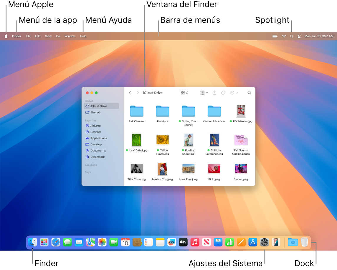 La pantalla de un Mac en la que se muestra el menú Apple, el menú Ayuda, una ventana del Finder, la barra de menús, el icono de Spotlight, el icono del Finder, el icono de Ajustes del Sistema y el Dock.