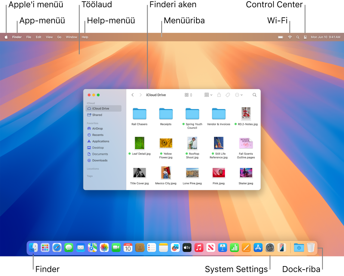Maci ekraanil kuvatakse Apple-menüüd, App-menüüd, töölauda, Help-menüüd, Finderi akent, menüüriba, Wi-Fi-ikooni, Control Centeri ikooni, Finderi ikooni, System Settingsi ikooni ja Dock-riba.