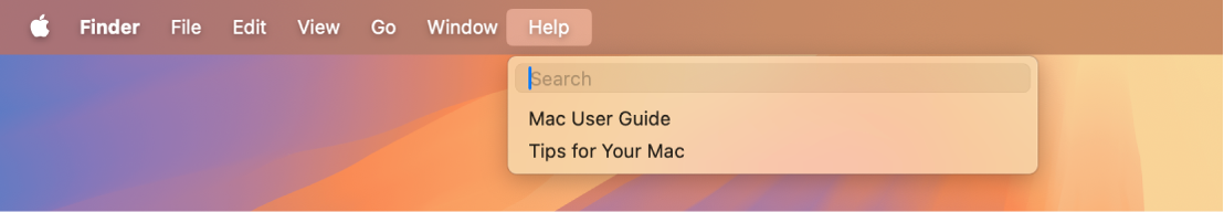 Osaline töölaud koos avatud Help-menüüga, kus kuvatakse funktsioonide Search ja macOS Help menüüvalikuid.