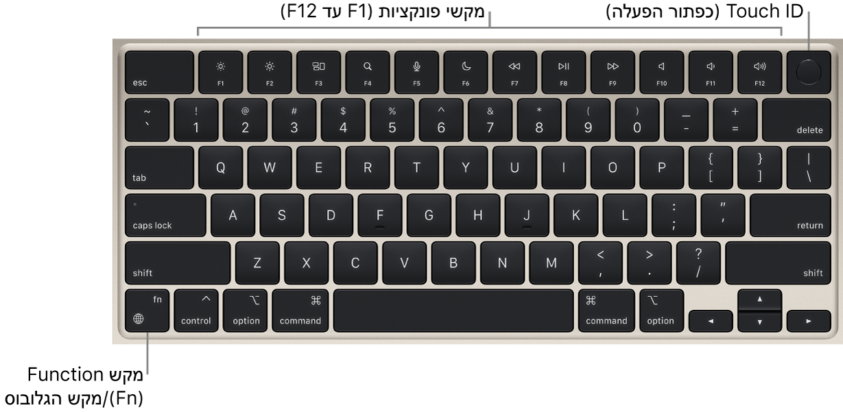 המקלדת של MacBook Air עם שורת מקשי הפונקציות ו-Touch ID (כפתור ההפעלה) לאורך החלק העליון, ומקש הפונקציה (Fn)/גלובוס בפינה השמאלית התחתונה.