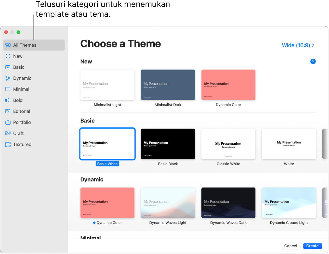 Jendela Keynote yang menampilkan browser Template.