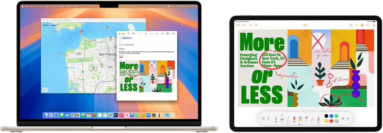 Um MacBook Air e um iPad lado a lado. O ecrã do iPad mostra um panfleto com anotações. O ecrã do MacBook Air tem uma mensagem do Mail com um panfleto anotado do iPad como anexo.