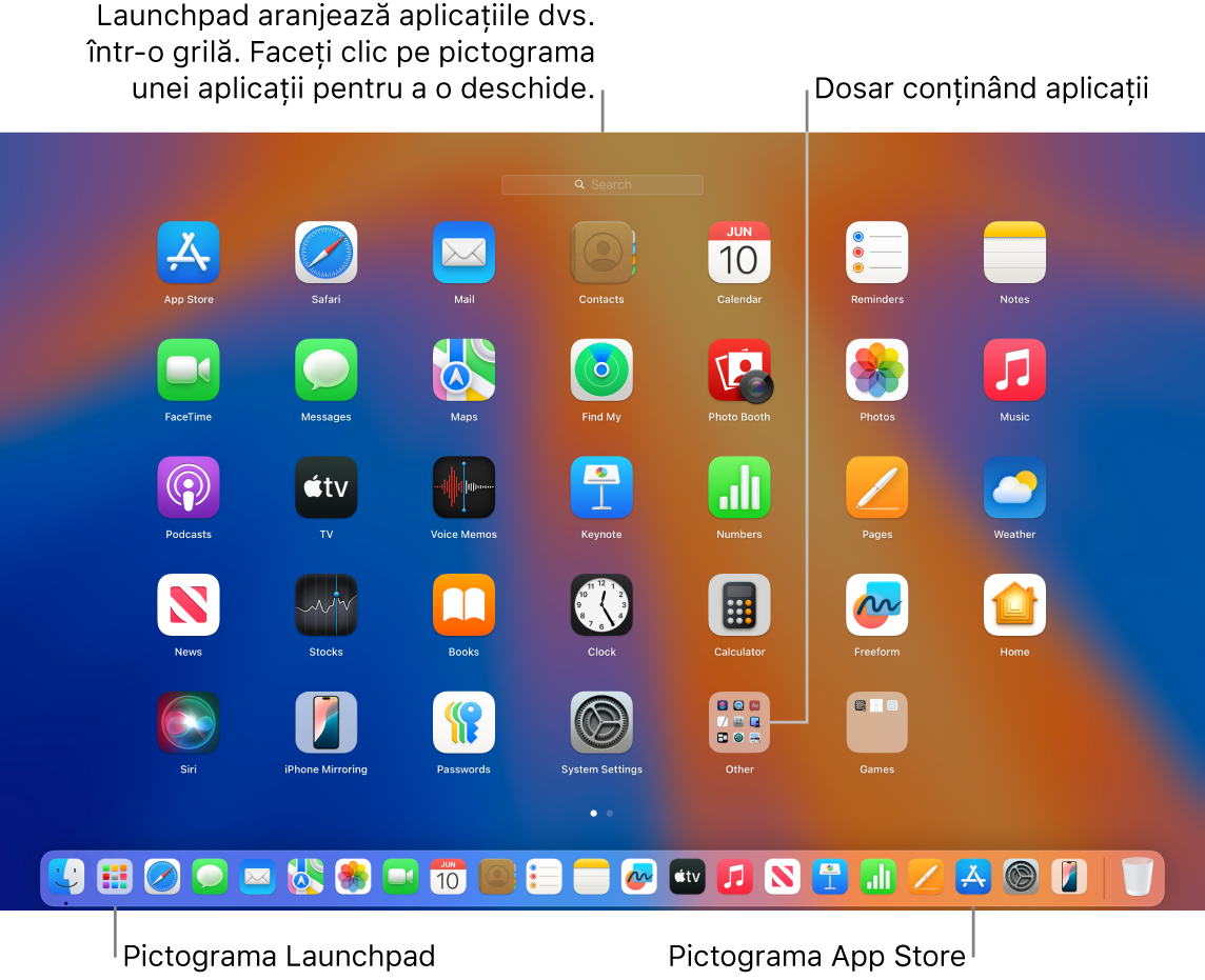 Un ecran de Mac cu Launchpad deschis, afișând un dosar de aplicații din Launchpad, pictograma Launchpad și pictograma App Store din Dock.