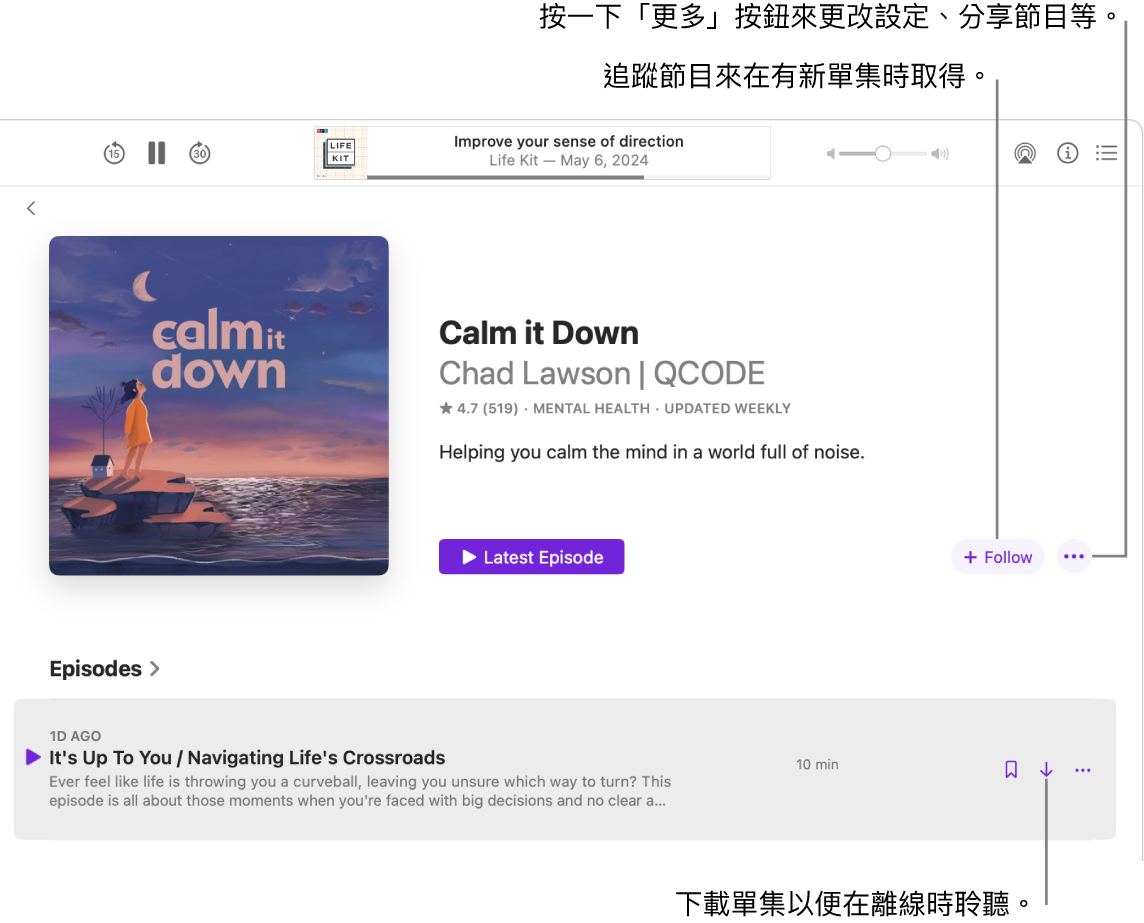 Podcast 視窗顯示 Podcast 單集。說明框指向「下載」、「追蹤」和「更多」按鈕。