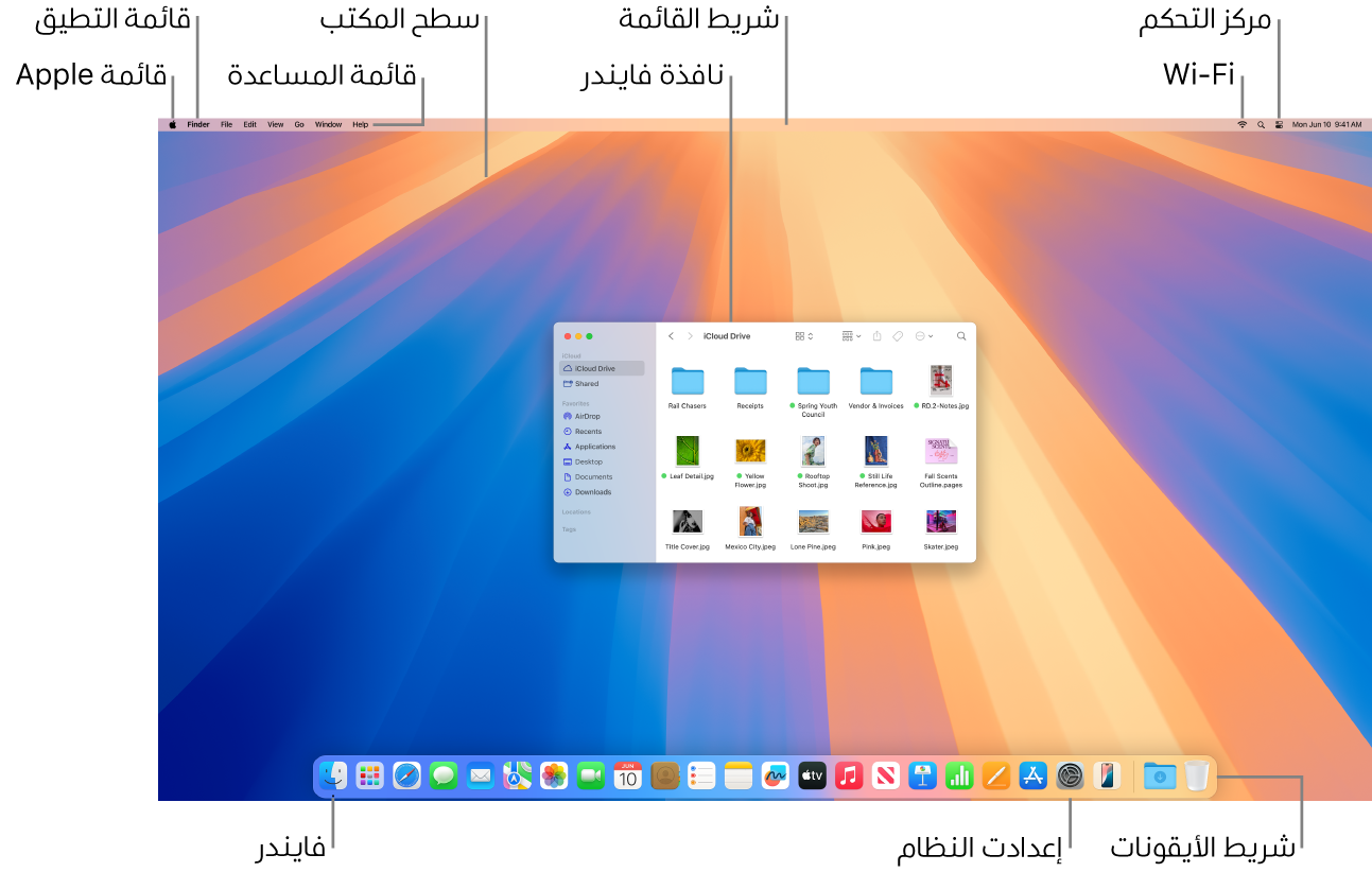 شاشة Mac تعرض قائمة Apple وقائمة التطبيق وقائمة المساعدة وسطح المكتب وشريط القائمة ونافذة فايندر وأيقونة Wi-Fi وأيقونة مركز التحكم وأيقونة فايندر وأيقونة إعدادات النظام وشريط الأيقونات.