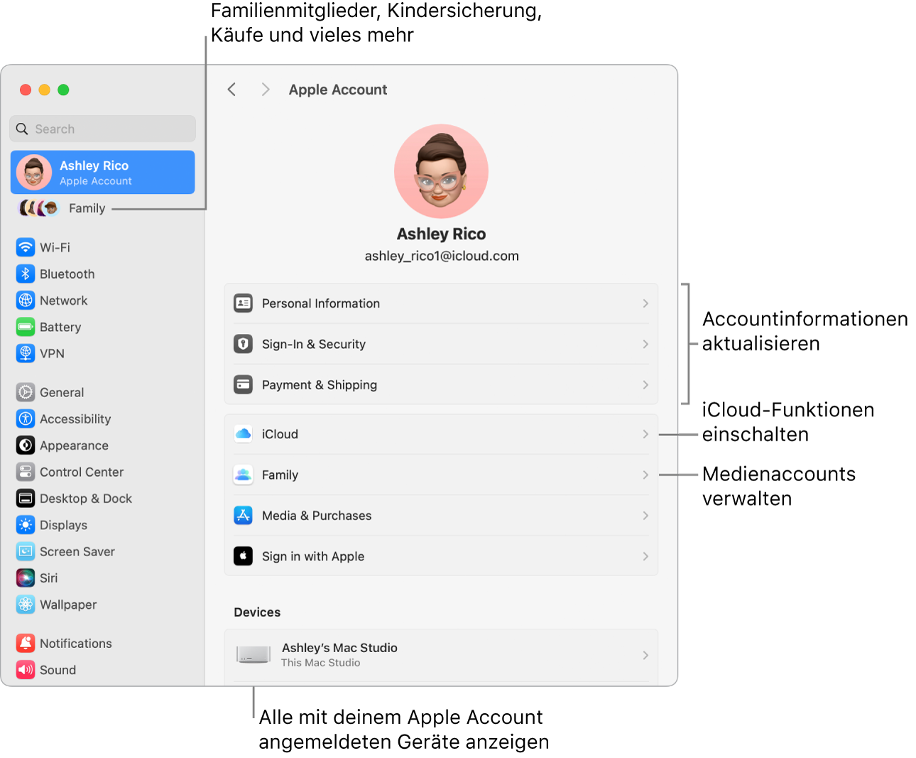 Die Einstellungen „Apple Account“ in den Systemeinstellungen mit Beschriftungen zum Aktualisieren der Accountinformationen, Ein- bzw. Ausschalten von iCloud-Funktionen, Verwalten von Medienaccounts und für die Funktion „Familie", um Familienmitglieder, Kindersicherung, Käufe und mehr zu verwalten.