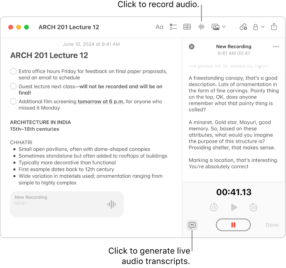 A Notes window showing a note with a checklist, bulleted list, and audio recording. The Audio Details window is open and shows a transcription of the audio recording.