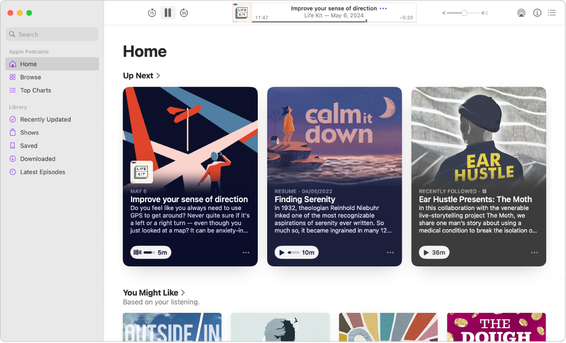 A Podcasts window showing the Home screen. The sidebar with Home, Browse, and Top charts is on the left. On the right, the Home screen shows podcasts that are in Up Next and You Might Like, a curated list of suggestions based on your listening.