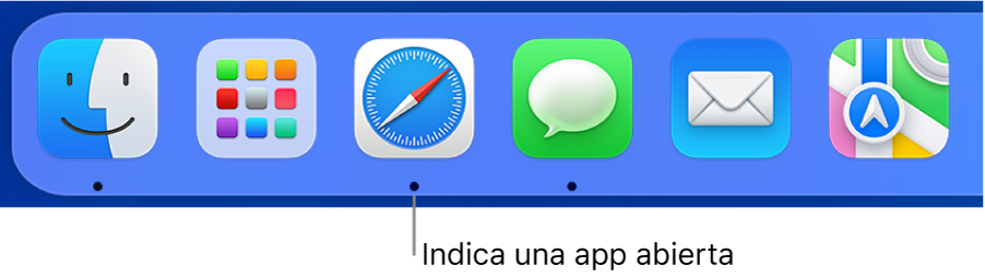 Una parte del Dock mostrando íconos de apps con un punto negro debajo.