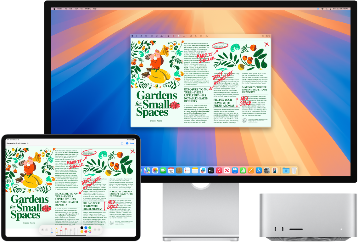 Mac Studio ja iPad on kõrvuti. Mõlemal ekraanil kuvatakse artiklit, millel on käsitsi kirjutatud punased märkmed nagu mahatõmmatud laused, nooled ja lisatud sõnad. iPadil on ekraani allservas ka märgistamise juhikud.