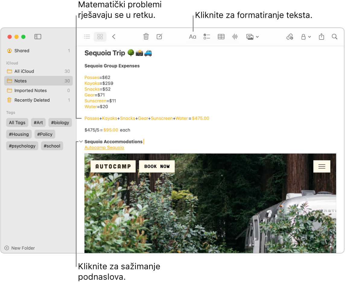 U prozoru aplikacije Bilješke prikazuju se izračuni troškova kampa Sequoia, tekstualni link na web stranicu i slika smještaja.