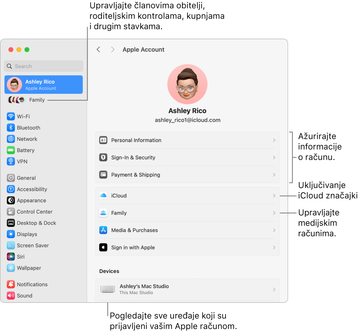 Postavke Apple računa u Postavkama sustava s oblačićima za ažuriranje informacija o računu, uključivanje ili isključivanje značajki iClouda, upravljanje medijskim računima i Obitelji, gdje možete upravljati članovima obitelji, roditeljskim kontrolama, kupnjama i ostalim.