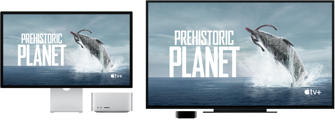 Mac Studio con i contenuti duplicati su una grande TV HD tramite Apple TV.